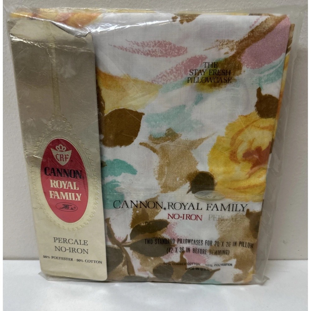 Vtg Cannon Royal Family No Iron Percale Standard 2 Pillowcases Retro Floral NOS